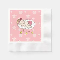 Caucasian Baby Sleeping on Cloud Stars Pink Napkins