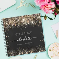 Guest book birthday black gold glitter name script