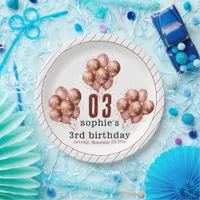  Watercolor Glitter Rose Gold balloon 3rd birthday Paper Plates