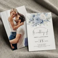 Modern Dusty Blue Florals Photo Wedding Invitation