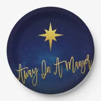 Away in A Manger Dark Blue Festive Starry Night Paper Plates