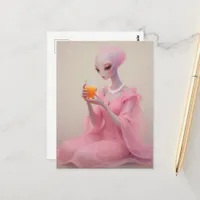 Beautiful Pink Alien Lady With Orange Juice Postcard