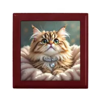 Cute Gray Fluffy Tabby Cat with Diamond Collar Gift Box