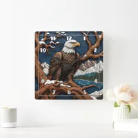 Majestic Bald Eagle Perched in Winter Landscape Square Wall Clock