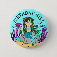 Pretty Mermaid Birthday Girl Button