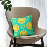 Turquoise Orange Yellow Mosaic Geometric Pattern Throw Pillow