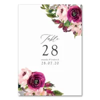 Watercolor Marsala and Blush Floral Wedding Table Number