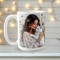 Woman and White Cat and Dandelions  Coffee Mug