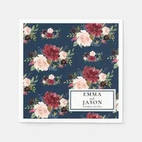 Bohemian Navy Floral Burgundy Wedding Napkins