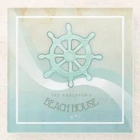 Beach House Nautical Boat Helm Aqua Blue ID623 Glass Coaster
