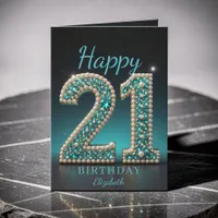 Teal Pearl Diamond Glam 21st Birthday Greeting Card