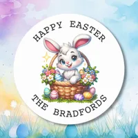 Cute Cartoon Easter Bunny in a Basket Personalized Classic Round Sticker