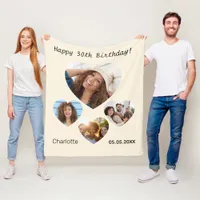 Birthday name photo heart collage cream fleece blanket