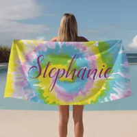 Tie Dye Swirl Yellow Blue Personalized Summer  Beach Towel