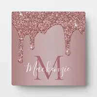 Rose Gold Sparkle Glam Glitter Drips Monogram Plaque