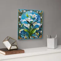 Lily Flowers in Ornate Floral Design Square Wall Clock