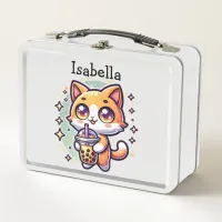 Cute Kawaii Kitten with Bubble Tea Personalized Metal Lunch Box