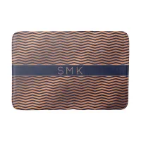 Modern Rose Gold Foil Chevron Navy Blue Monogram Bath Mat