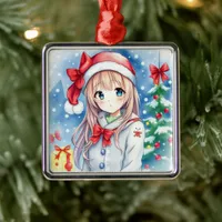 Cute Festive Anime Girl Christmas Metal Ornament