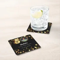 50th birthday black gold stars photo square paper coaster