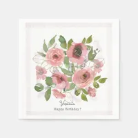 Watercolor Pink flowers on White Napkins