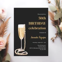 Birthday black gold bubbly wine pearls invitation