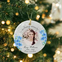 Silver glitter blue florals photo memorial ceramic ornament