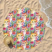 Pink Flowers and Orange Cats Cute Pattern Beach Towel