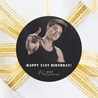 Custom photo black white modern guy birthday classic round sticker