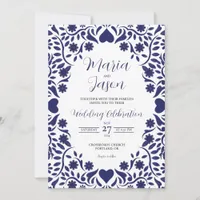 Mexican Navy Blue Floral Elegant Romantic Wedding Invitation