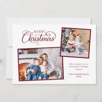 Elegant Christmas Script 2 Photo Burgundy Holiday Card