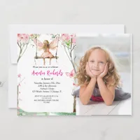 Fairy First Watercolor Floral Girls 1st Birthday Invitation