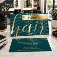 Teal Blue Gold Waves Typography Foil Business Cards
