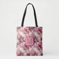 Pink and Purple Flowers Color Block Monogram Tote Bag