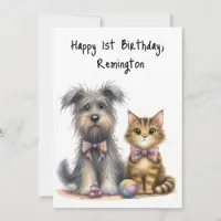 Personalized Cute Dog and Cat Happy 1st Birthday  Card