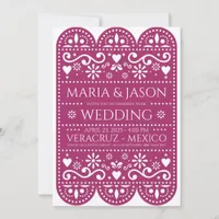 Mexican Magenta Papel Picado Folk Art Wedding Invitation