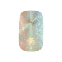 Flower on orange brushed steel & green glitter minx nail art