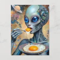 Funky Alien Eating Fried Eggs With Runny Yolks Postcard