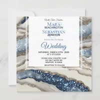 *~* AR66 BLUE IVORY SILVER Agate RSVP QR Wedding Invitation