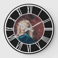 White Roman Numeral Border Black Add Photo Round Large Clock