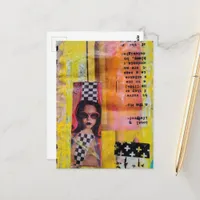 The Sweet Pink Treat on Yellow Mixed Media Collage Postcard
