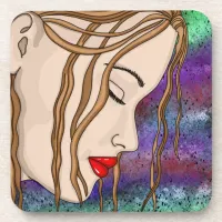 Digital Art | Sad Lady Deep in Thought  Beverage Coaster