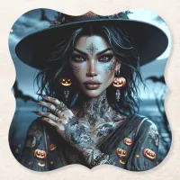 Pretty Gothic Witch with Tattoos Halloween Party Paper Coaster