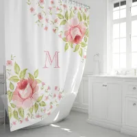 Country Chic Pink Roses Corner Motif Monogram Shower Curtain