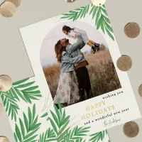 Modern Botanical Arch Greenery Photo  Foil Holiday Card