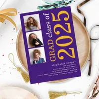 Modern 3 photo Bold 2025 Purple Graduation Invitation