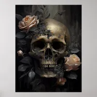 Human Skull and Roses Dark Gothic Poster