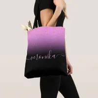 Black purple confetti name script tote bag