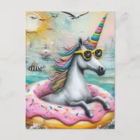 Adorable Unicorn floating in a Glazed Doughnut  Postcard