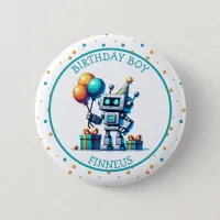 Pixel Art Robot in Orange and Teal Birthday Boy Button